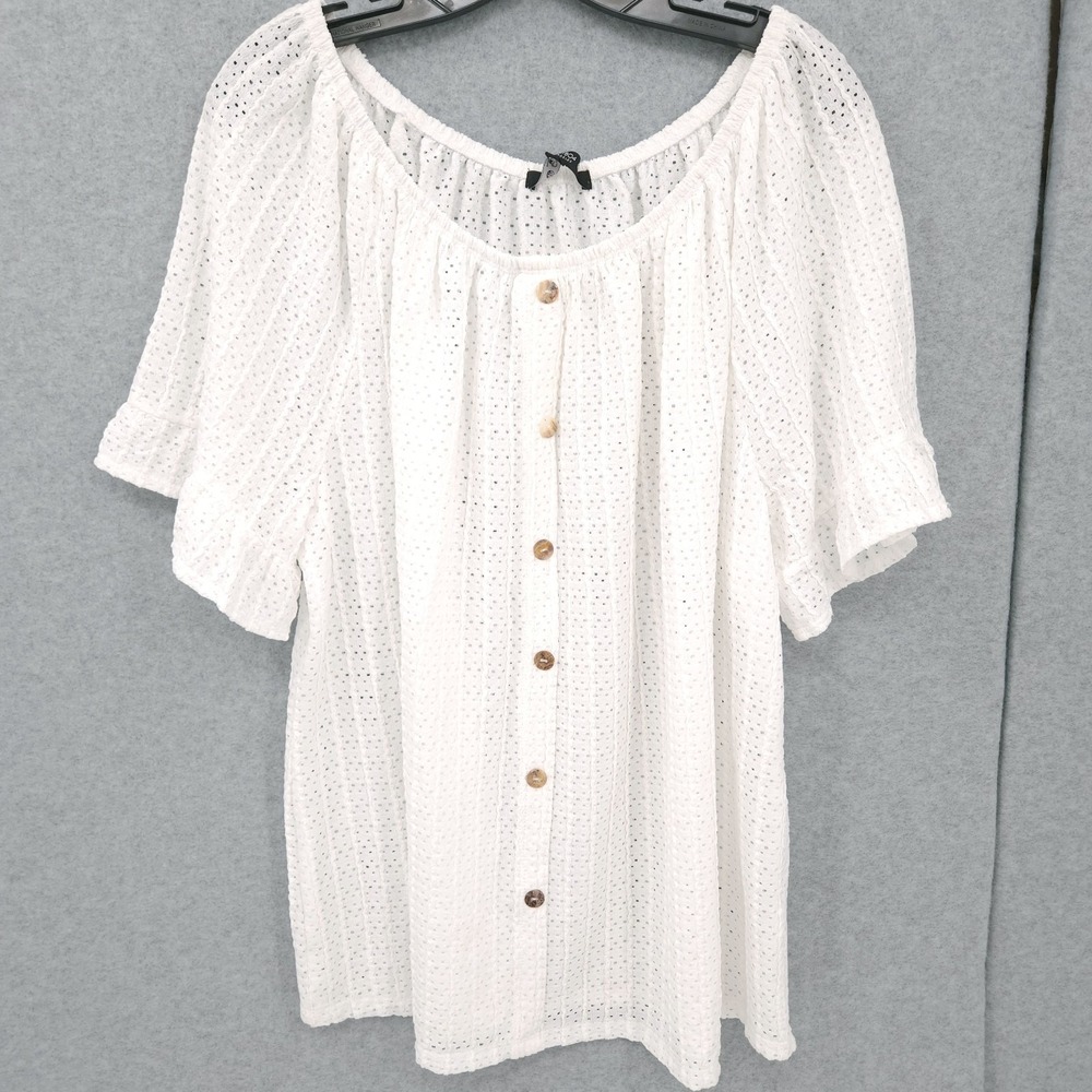 COIN 1804 Eyelet Jersey Button Front Ruffle Sleeve Peasant Top Womens Size 3X